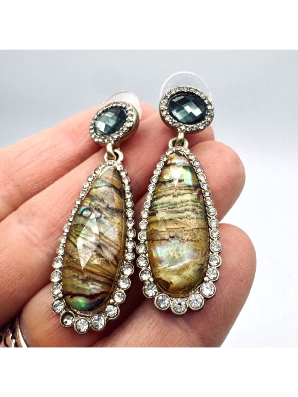 Boho Chic Art Glass Drop Dangle Earrings CZ Pave Trim Gold Washed tests at 12kt - Picture 3 of 8